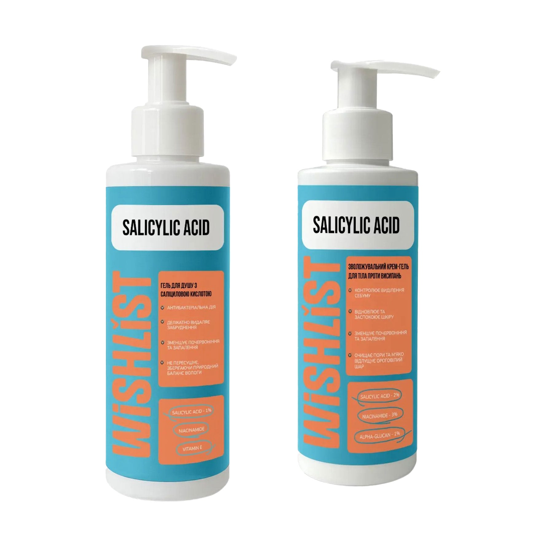 Уцінка! Набір для тіла WISHLiST Salicylic Acid проти висипань та запалень (гель для душу, 200 мл + крем-гель, 150 мл)